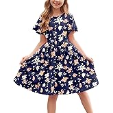 Arshiner Girl's Casual Dress Summer Scoop Neck Short Sleeve Flowy Print and Plain Sundress for Kids 4-14Y