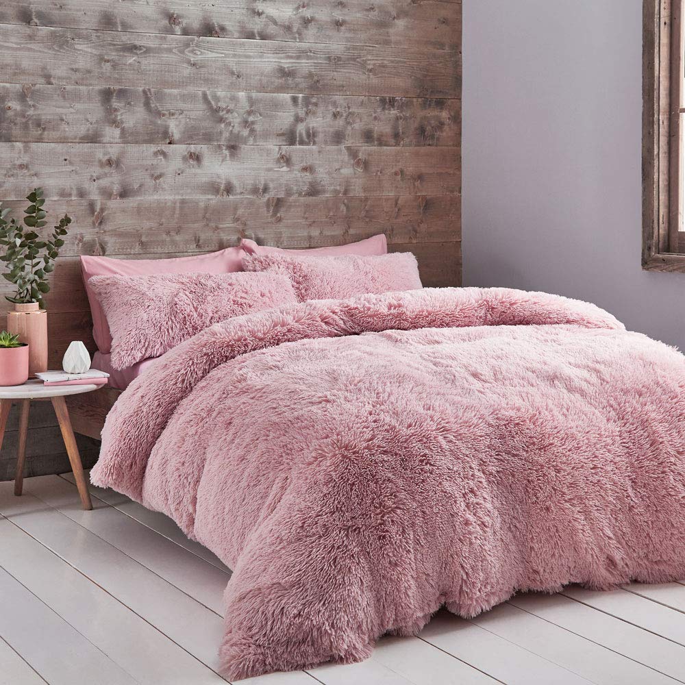 Cuddly Catherine Lansfield Deep Pile Faux Fur King Duvet Cover Set with Pillowcases Blush Pink