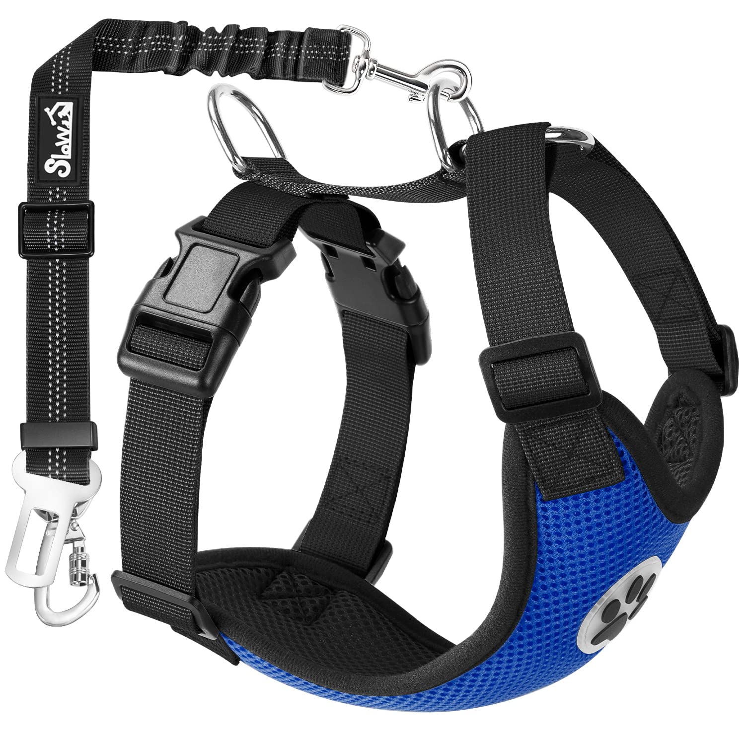 Photo 1 of SlowTon Dog Seat Belt Harness for Car, Dog Car Harness Adjustable Mesh Breathable & Dog Seatbelt Safety Tether with Elastic Bungee for Small Medium Large Pets(Blue, Double Clip, S)