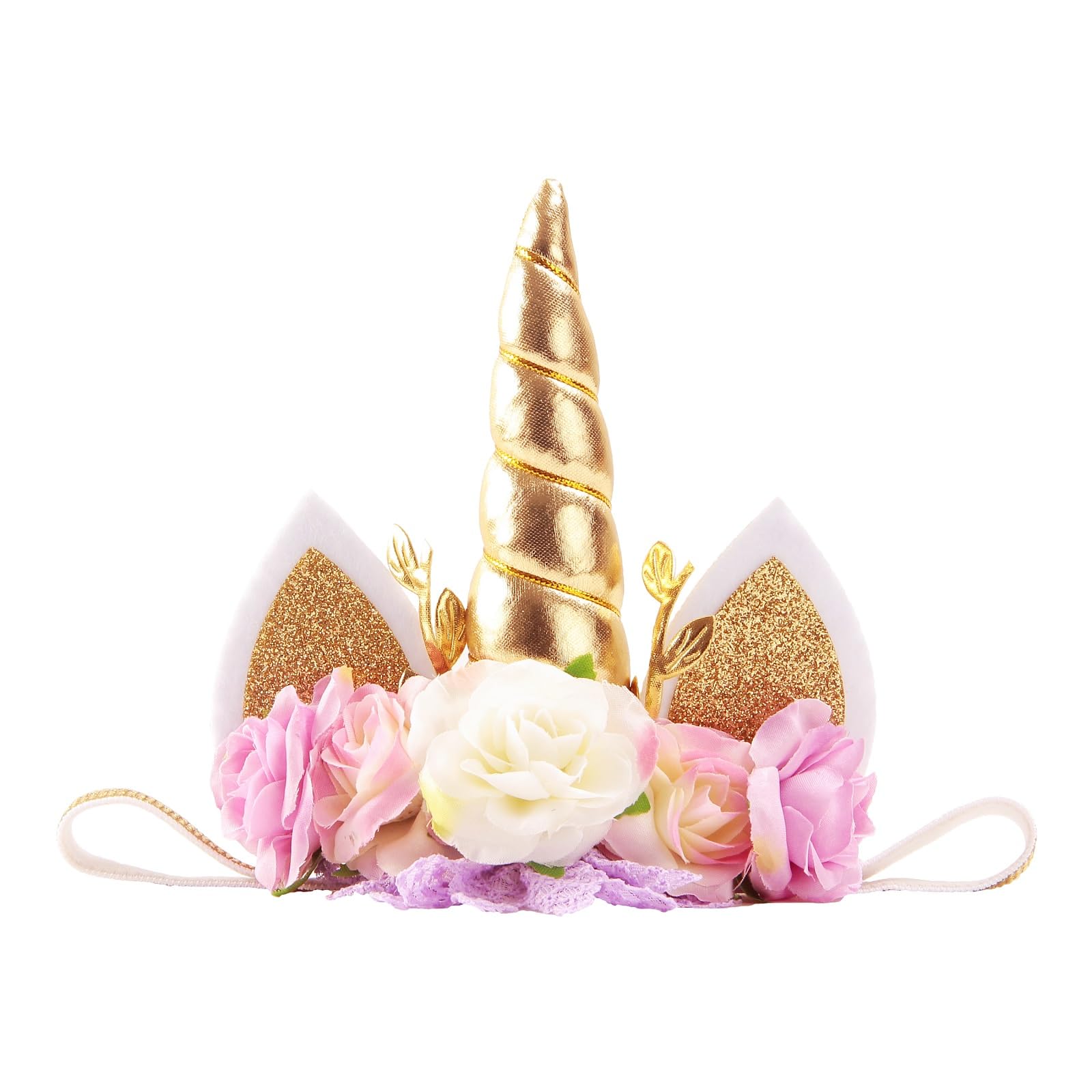 Nishine Roses Floral Unicorn Horn Headband Elastic Baby Girls Unicorn Hairband Party Supplies (Gold&Ivory)