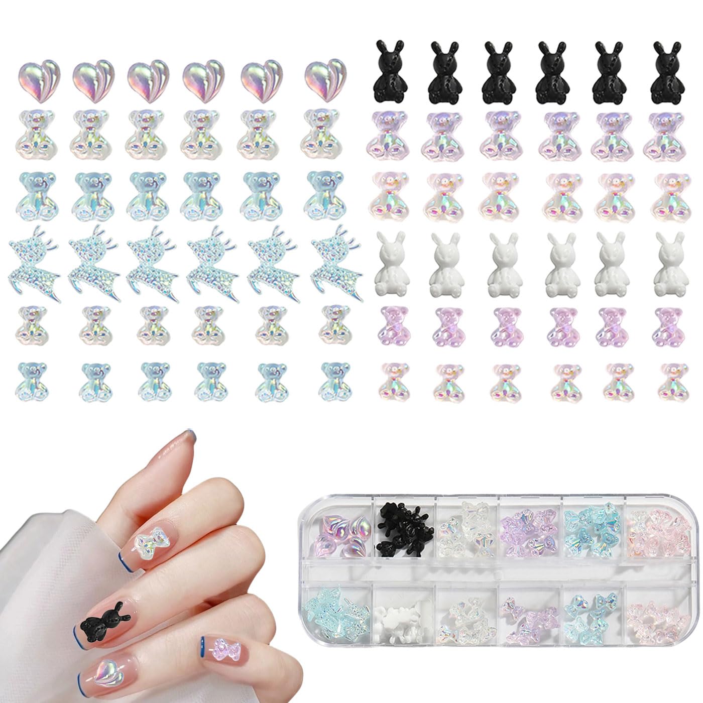 Symphonyw Bear Nail Charms, Aurora 12 Mixed Resin Nail Art Decorations, Pastel Colors (Pink, Purple, Blue)