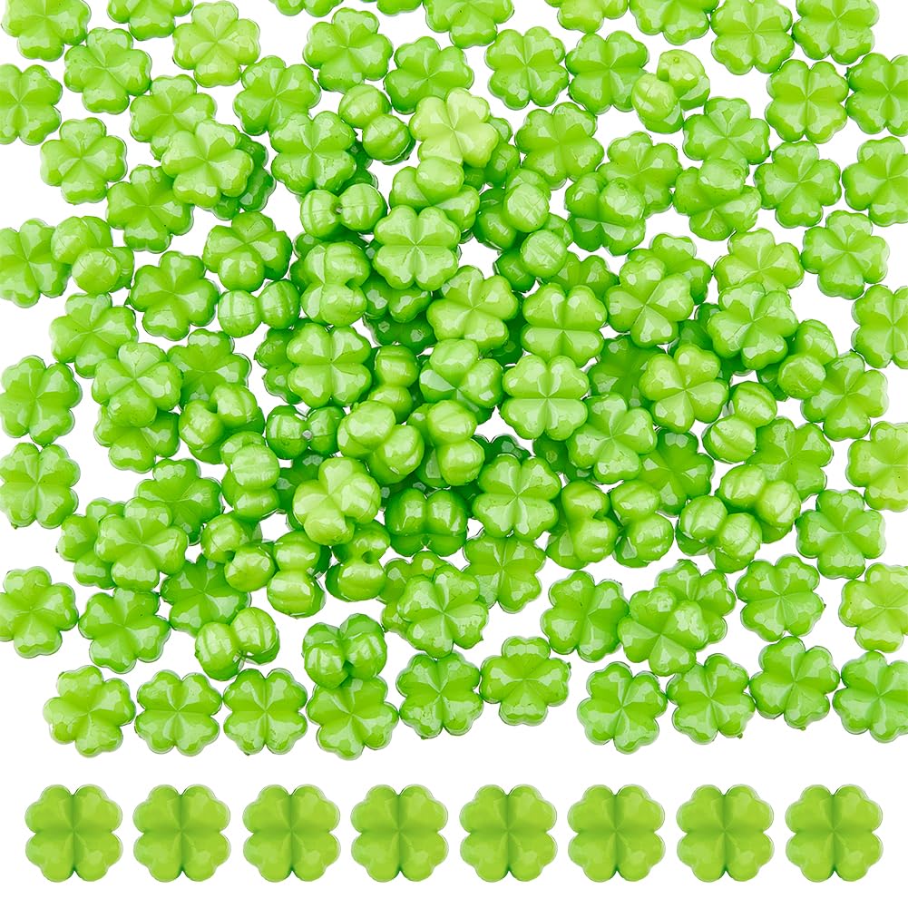 DICOSMETIC 200Pcs Clover Bead Faceted Acrylic Clover Beads St. Patrick's Day Shamrock Opaque Acrylic Beads Small Four Leaf Clover Beads Lime Green Crafting Beads for Jewelry Making, Hole: 1mm