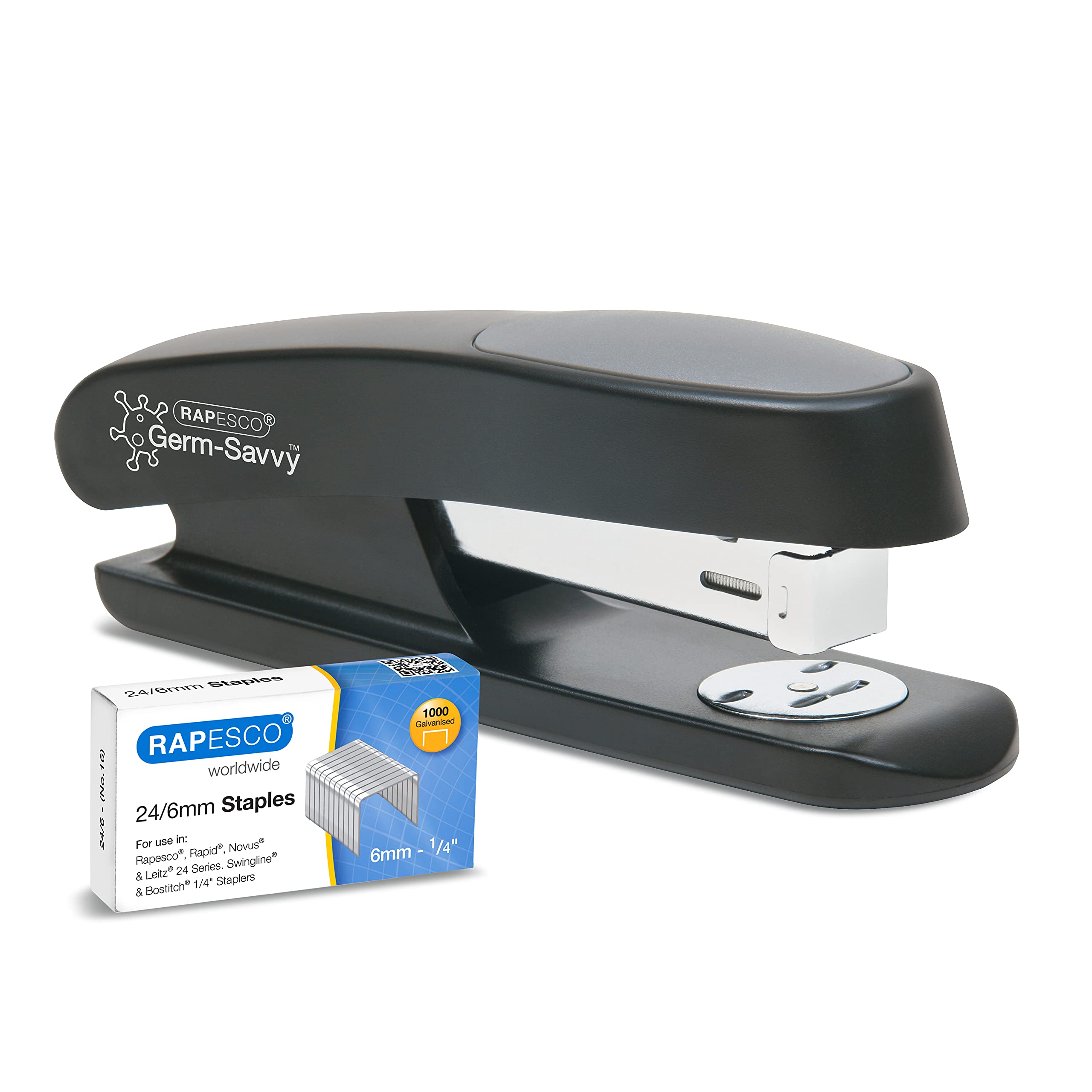 Rapesco 1482 ECO Sting Ray Stapler and 1000 x 24/6 mm Staples, 20 Sheet Capacity, Antibacterial Protection, Black