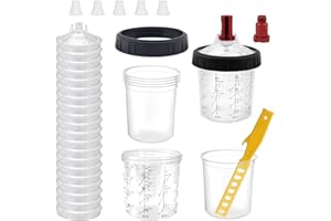 LIANGDING Disposable Paint Cup 20 Ounce (600 ml) Kit - 20 Paint Mixing Cups Liner, 20 Filter Lids, 2 Spray Gun Adapters, 5 Sealing Plugs, 1 Hard Cup，1 Sealing Ring, 1 Stirrer, for Car & DIY Painting