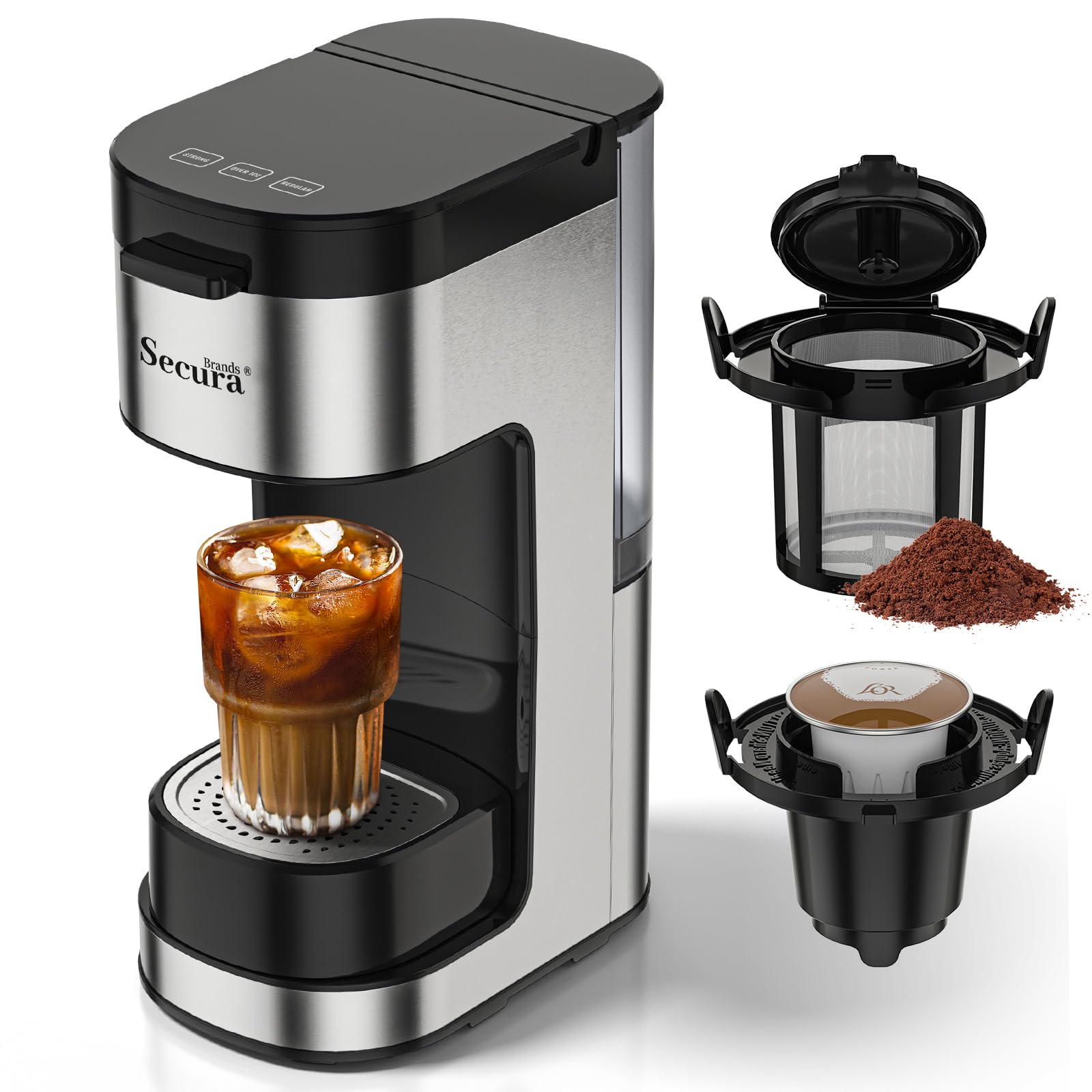 Photo 1 of Secura Brands Single Serve One Cup Coffee Maker, for K Cups and Grounds, 3 Brew Styles, 6 to 12 Oz Brew Sizes Coffee Machine with Romvable Drip Tray & Reservoir