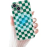 Yeddabox Compatible for iPhone 13 Case with Magsafe Checkered Checkerboard Magnetic Phone Case Full Camera Protection Soft TPU Shockproof Cover for Women Girls - Green