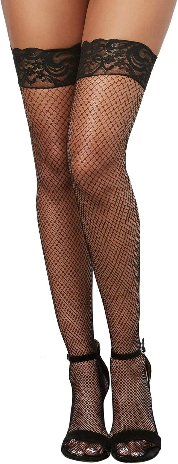 Dreamgirl Women's Fishnet Thigh-High Stockings with Silicone Lace Top, Black, One Size: Thigh High Stockings: Clothing
