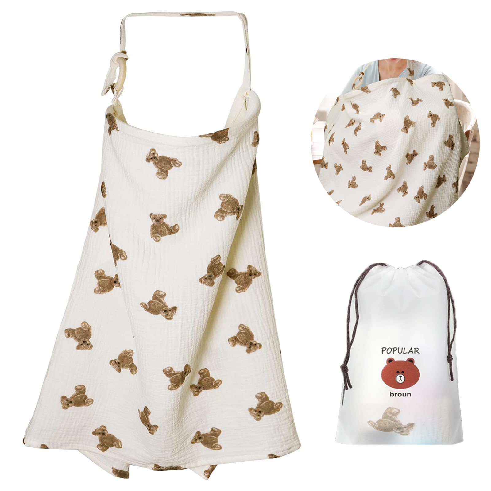 Breastfeeding Cover Muslin Baby Breast Feeding Cover for Mum Infant Stroller Nursing Cover Soft 360° Coverage Breathable Lightweight Apron for Privacy Shield - KAMHBE (Bear)