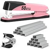 Metal Stapler Heavy Duty 50 Sheet Capacity with 1750 Staples and Staple Remover, Full Strip Staplers for Desk, No Jam, Non-Slip for Office &amp; Classroom, Pink