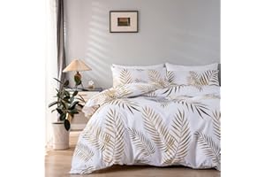 mixinni Leaves Pattern on White Duvet Cover Set Modern Style 3-Piece Queen Size Leaf Soft Microfiber Bedding Comforter Cover Set 1 Duvet Cover with Zipper Closure 2 Pillowcases for Him and Her