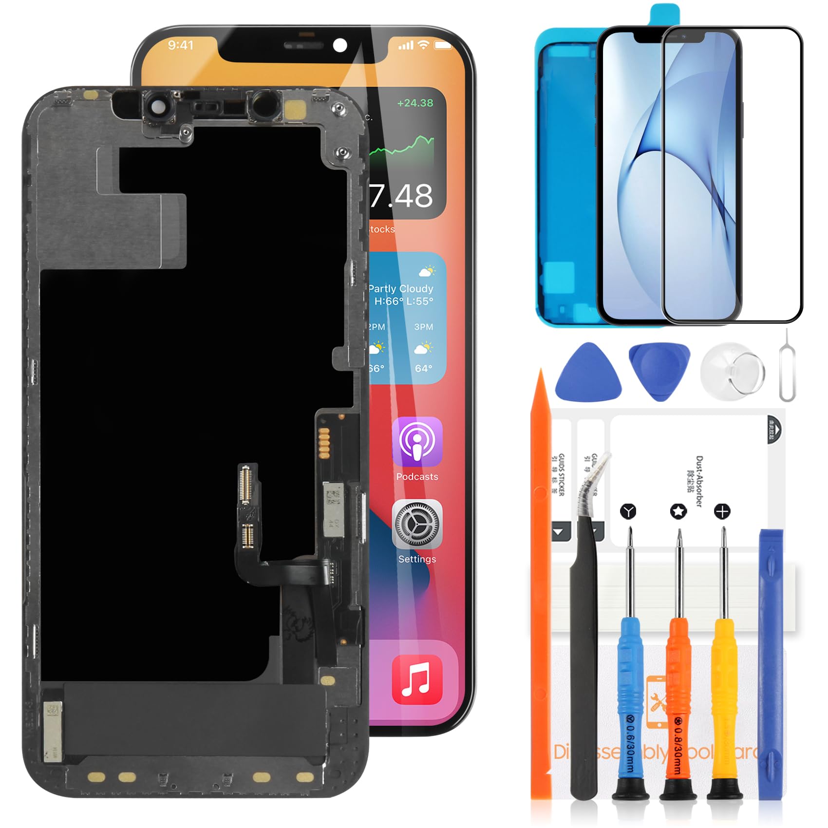 LCD Screen for iPhone 12 6.1 Inch LCD Display for iPhone 12 PRO A2403 A2172 A2402 A2404 A2407 A2341 A2406 A2408 LCD Touch Screen Digitizer Replacement Kit with Tools (TFT TFT Highlight Version)