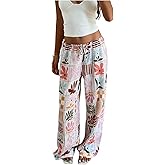 MakeMeChic Women's Fall Boho Pants Graphic Drawstring Low Waisted Straight Leg Vacation Trousers