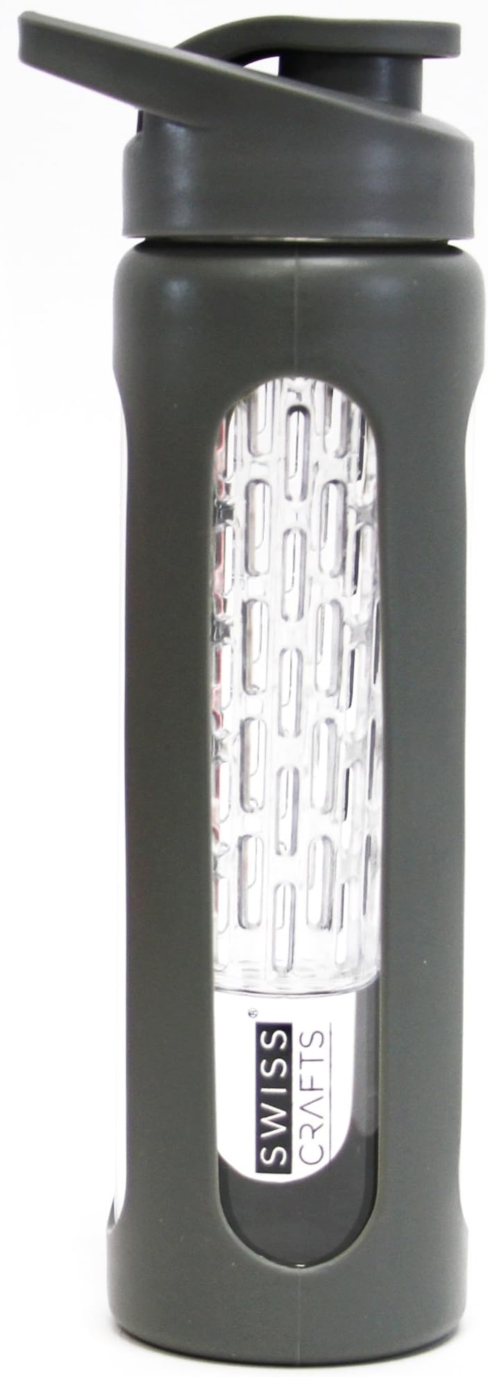 Swiss Craft Fruit Infuser Water Bottle-18.5 Oz Sport Bottle with Infusion and Protective Silicone Sleeve With Leak-proof Caps, Eco Friendly, Non-Toxic-Break Resistant Borosillicate Glass (GREY, 1 SET)