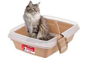 IRIS USA Cat Litter Box, Open Top with Scoop, Easy Clean Plastic Pan for Indoor Cats & Kittens, Beige