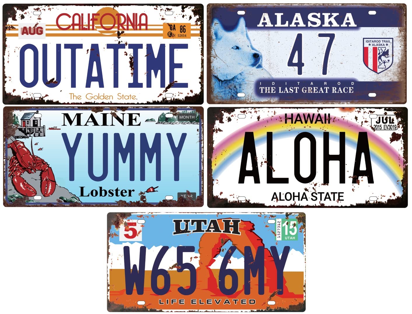 OPO 10 - Lot of 5 USA metal car LICENSE PLATES, with aged effect - replicas of real American plates, and that of the film: Back to the future / OLD5