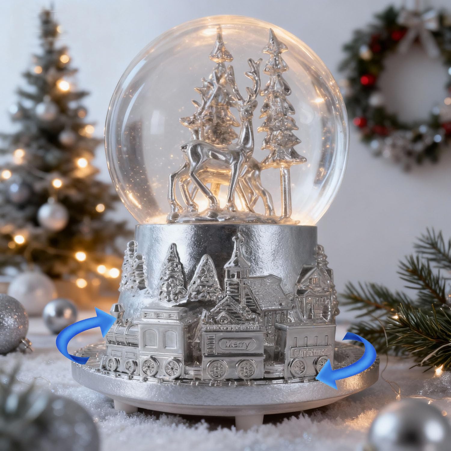 Hpoeude Musical LED Light Up Snow Globe with Rotating Train, Winter White Deer Christmas Decor, 7 Inch Height Cool Water Globe, Valentine's Day Gift for Women Adults