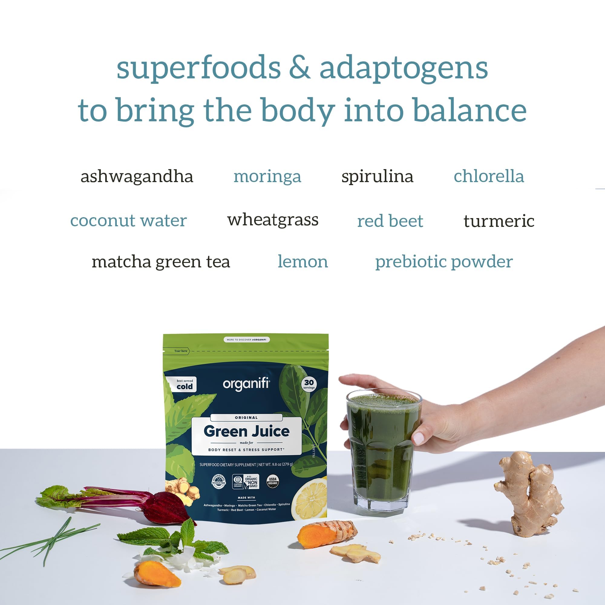 Organifi Green Juice - Organic Superfood Powder - 180-Day Supply - Organic Vegan Greens - Helps Decrease Cortisol - Provides Better Response to Stress - Supports Weight Control - Total Body Wellness
