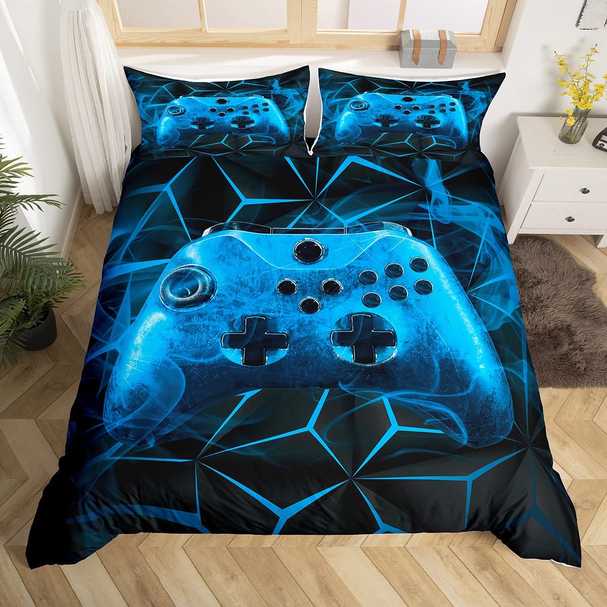 Loussiesd Boys Gaming Comforter Cover Games Bedding Set Kids Teens Video Game Controller Duvet Cover Set Gamer Console Action Buttons Bedspread Cover Soft Bright Children Bedroom Zipper Blue Single