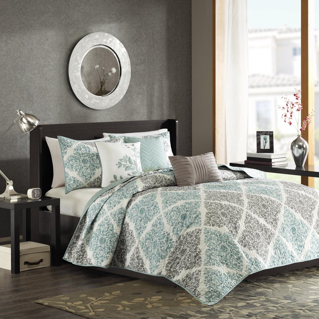 Madison Park Claire Leaf Geometric 6 Piece Ultra Soft Microfiber Bed Quilted Coverlet, King/Cal King, Aqua