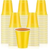 Sabary 100 Pack 12oz Valentine Plastic Cups St. Patricks Day Heavy Duty Drinking Disposable Cups with Lines for Beverage Holiday Camping Barbecues Birthday Party Outdoor Picnic(Yellow and White)