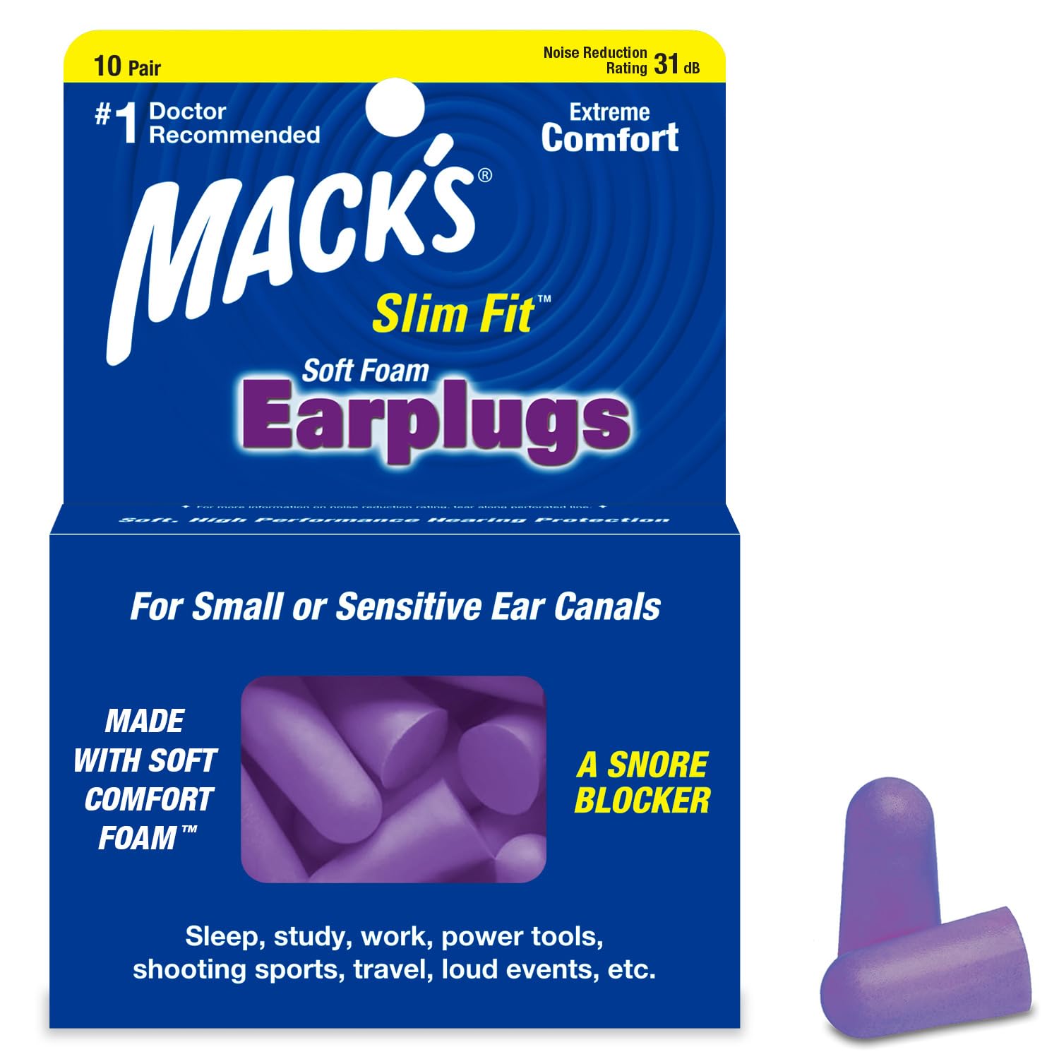 Mack's Safesound Soft Foam Slim Fit Earplugs - Pack of 10 Pairs