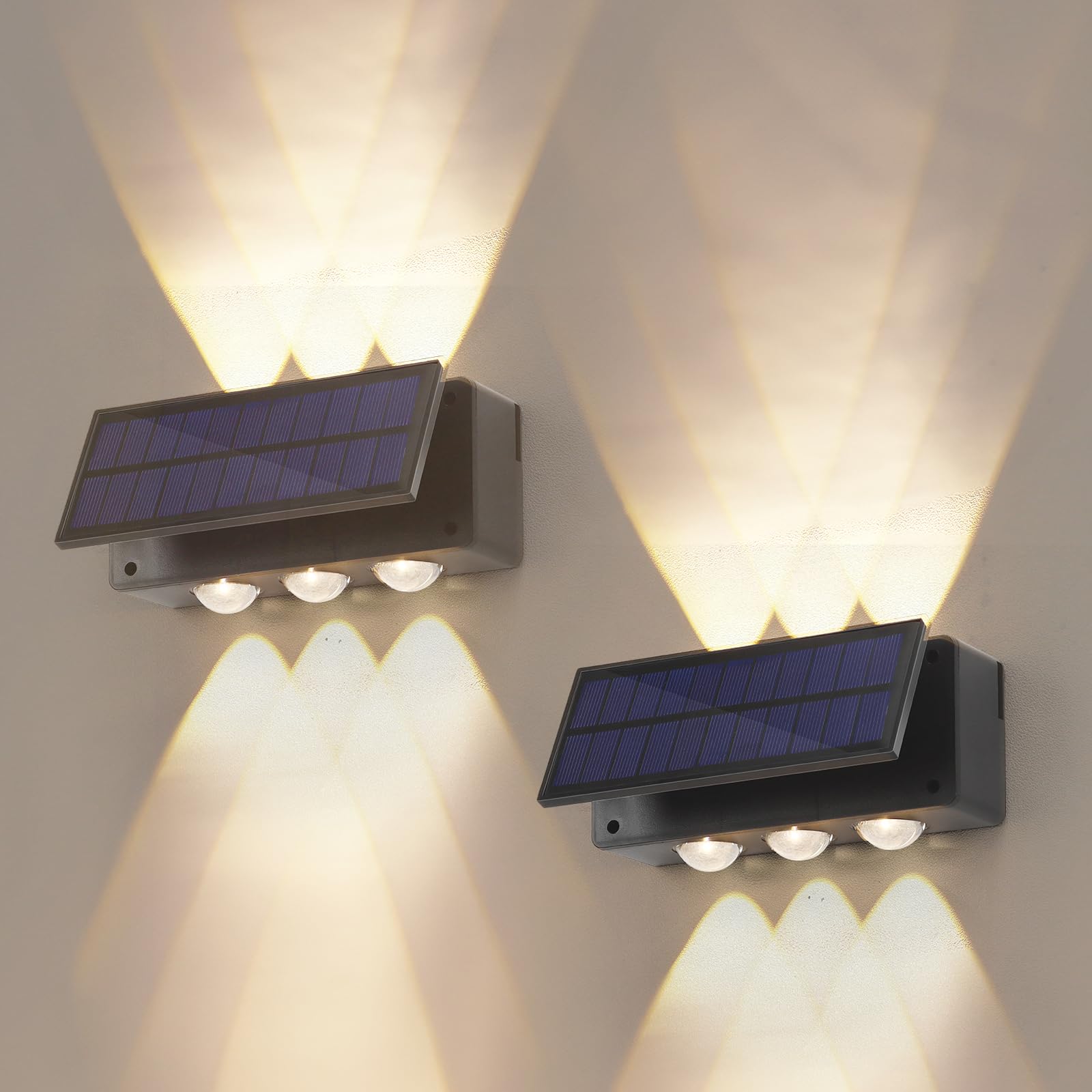 Photo 1 of Zzkyiope Solar Wall Lights Outdoor 2 Pack, 6 LED Focus Light Up and Down Wall Lights Outdoor Wall Light for Patio Yard Deck Garden Front Porch, Adjustable Solar Panels, Warm + White 2 Light Modes