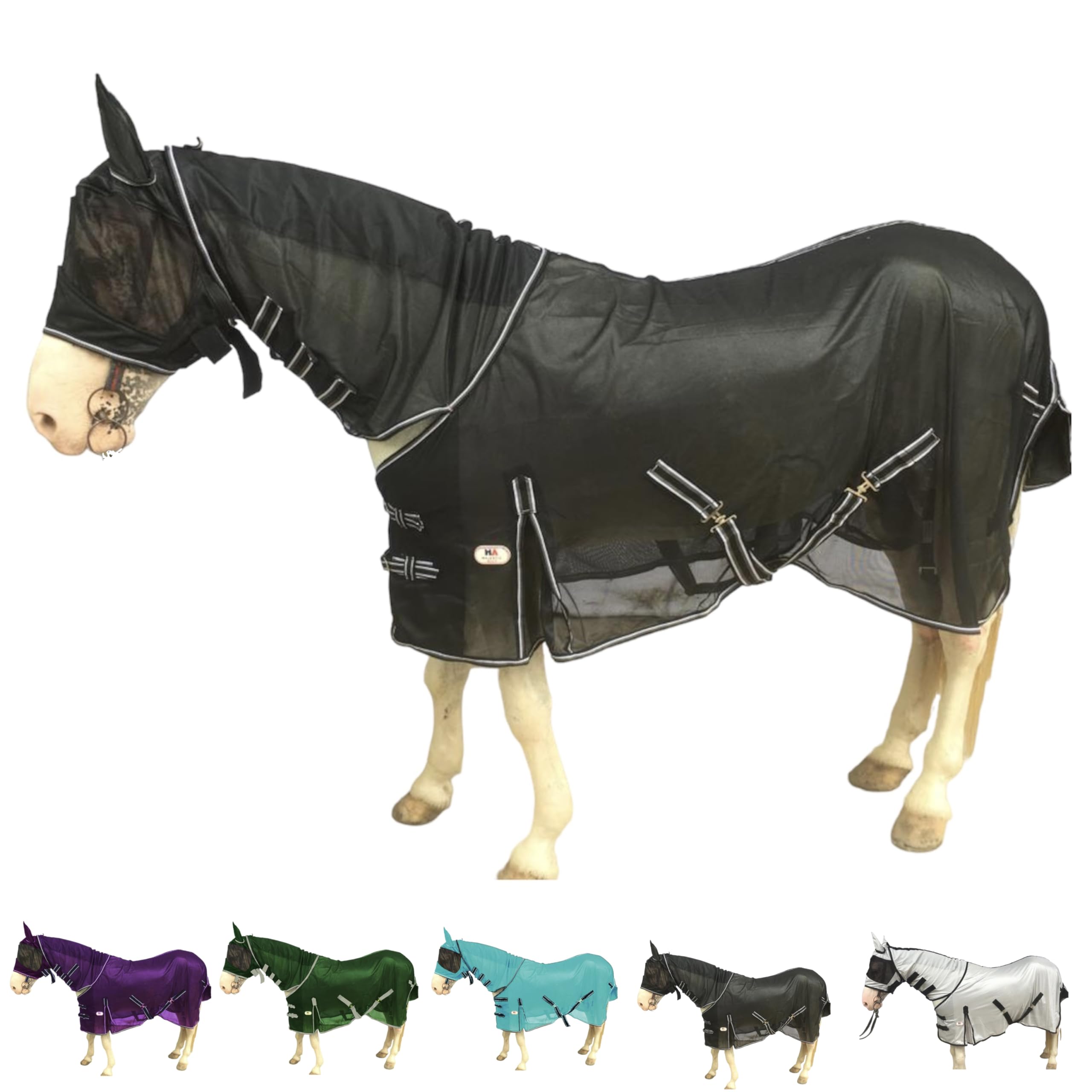 Majestic Ally Horse Fly Sheet with Neck Cover and Head Mask, Breathable UV and Bite Equine Protection, Adjustable Body Straps, Boarding or Turnout Accessory, Contoured Fit (Black, 80 Inch)