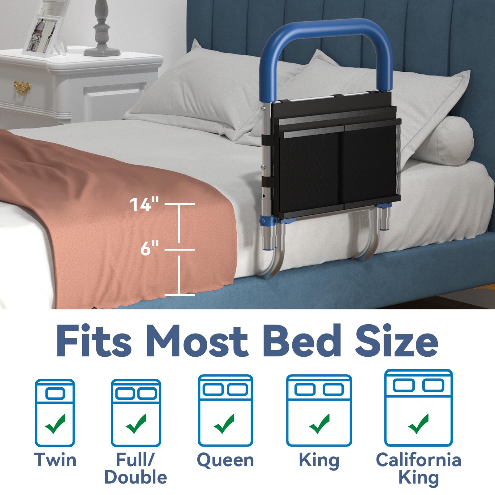 Bed Rails for Elderly Adults Safety, Height Adjustable Bed Assist Rail for Seniors with Storage Organizer and Non-Slip Handle, Bedside Fall Prevent Grab Bar