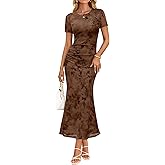 ZESICA Women's Summer Short Sleeve Floral Bodycon Dress 2026 Ruched Mesh Wedding Guest Cocktail Party Maxi Dresses