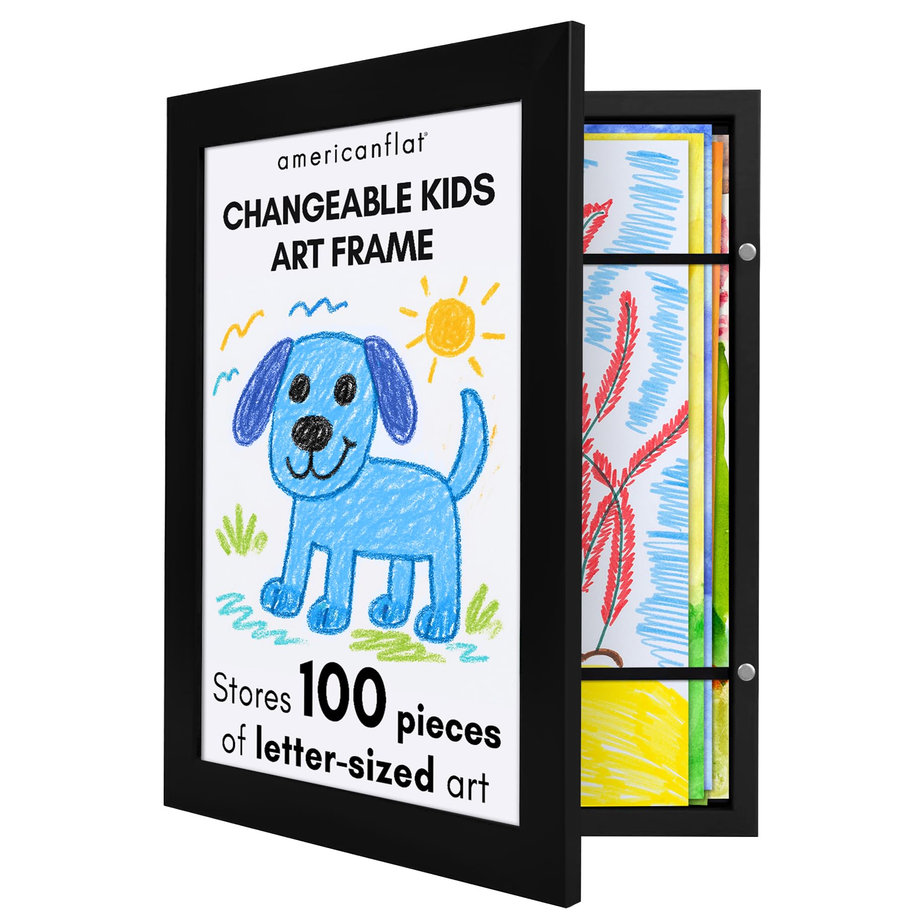 Americanflat 10x12.5 Kids Art Frame - Front Loading Picture Frames Hold 100 Artworks - Use as 8.5x11 Picture Frame with Mat - My Mini Masterpiece - Hanging Hardware and Built-in Easel Included - Black