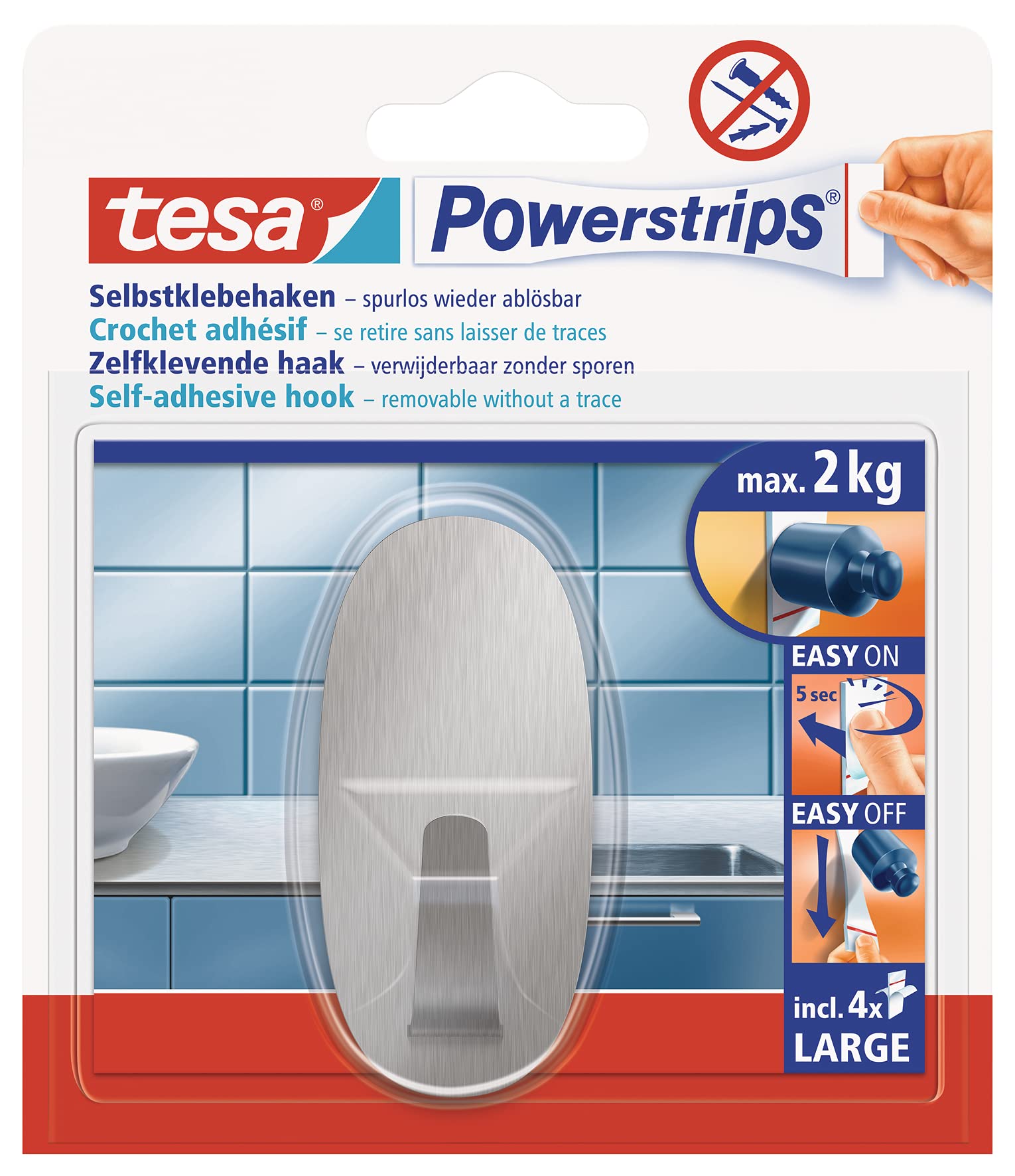 tesa Powerstrips Hook - Self-Adhesive Wall Hook for Glass, Tiles, Wood, Plastic and Other Surfaces - Metal Oval Hook - Powerstrips Technology - Large