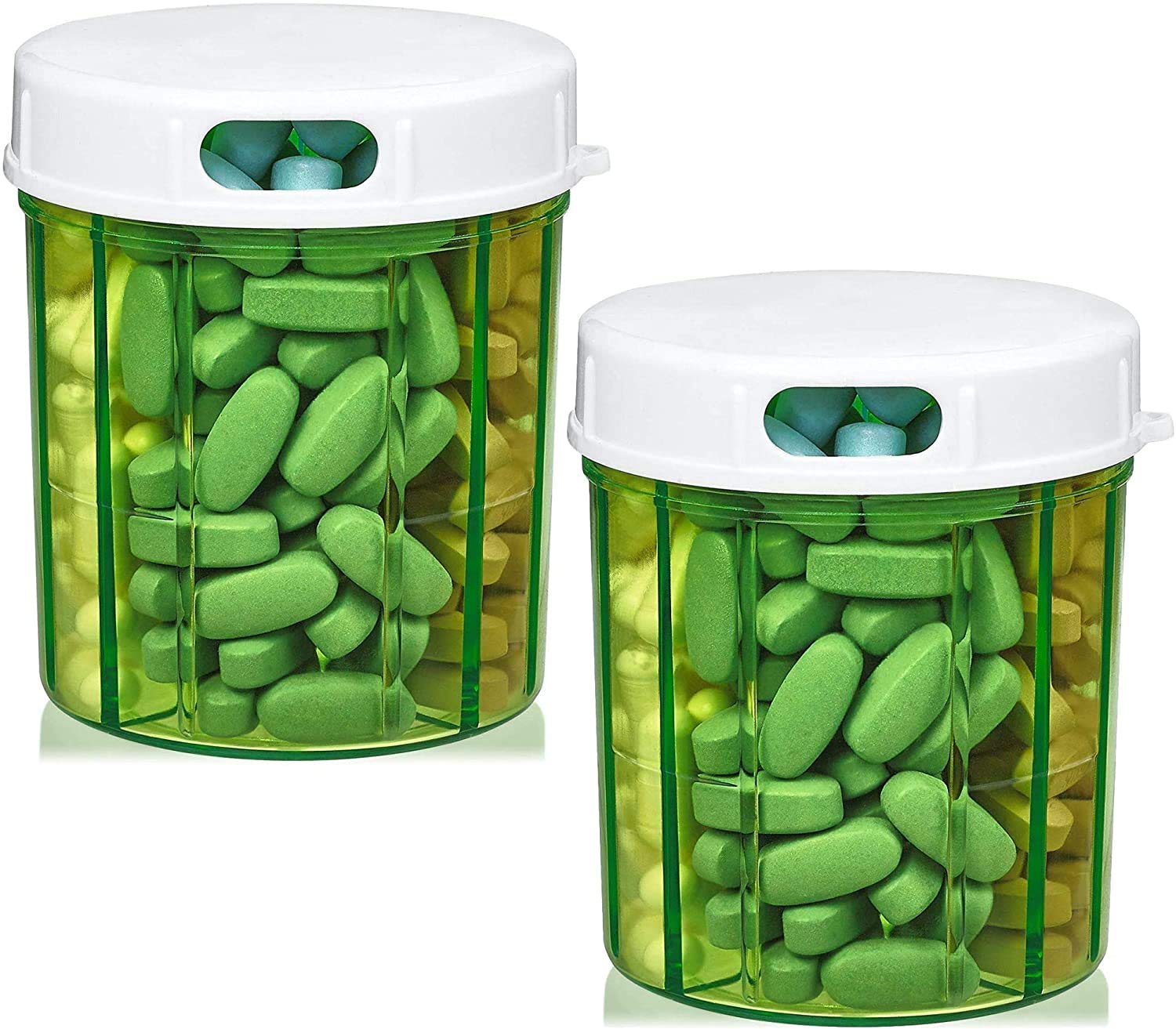 Round Pill Organizer Dispenser - Pack of 2 - Boxes With 4 Compartments for Medication, Vitamins & Supplements - Daily Case Reminder Box