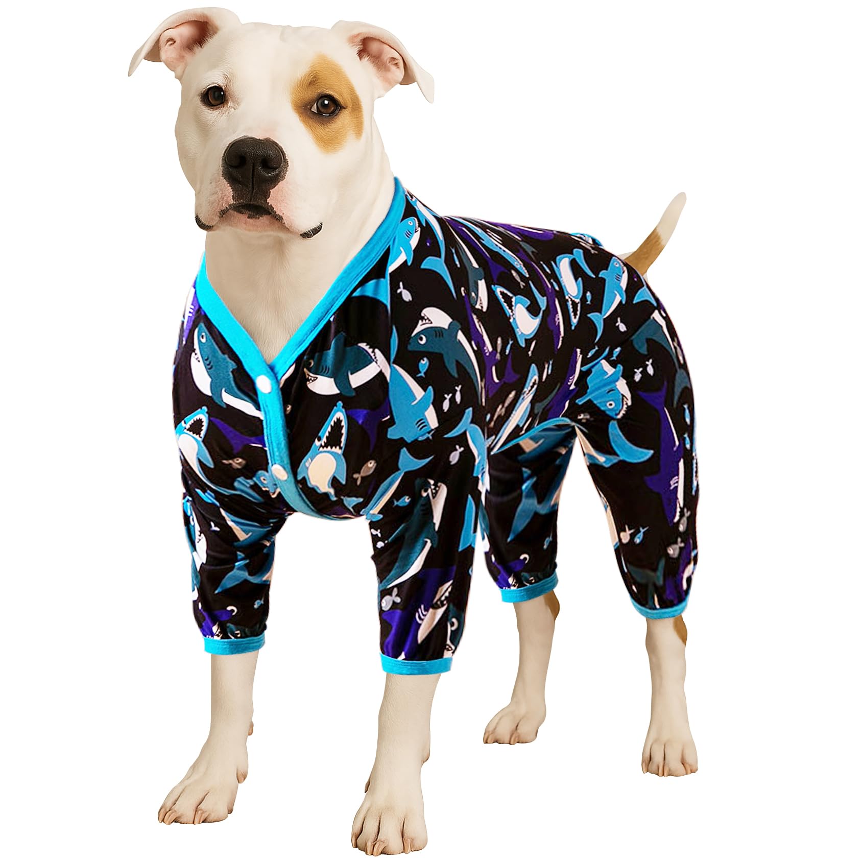 Photo 1 of LovinPet Dog Pitbull Clothes for Dogs - Pet Anxiety Relief, Anti-Shedding Dog Pajamas, Lightweight Stretchy Fabric, Whale Hello There White Print, Pitbull Pajamas, Pitbull Clothes All Season /3XL