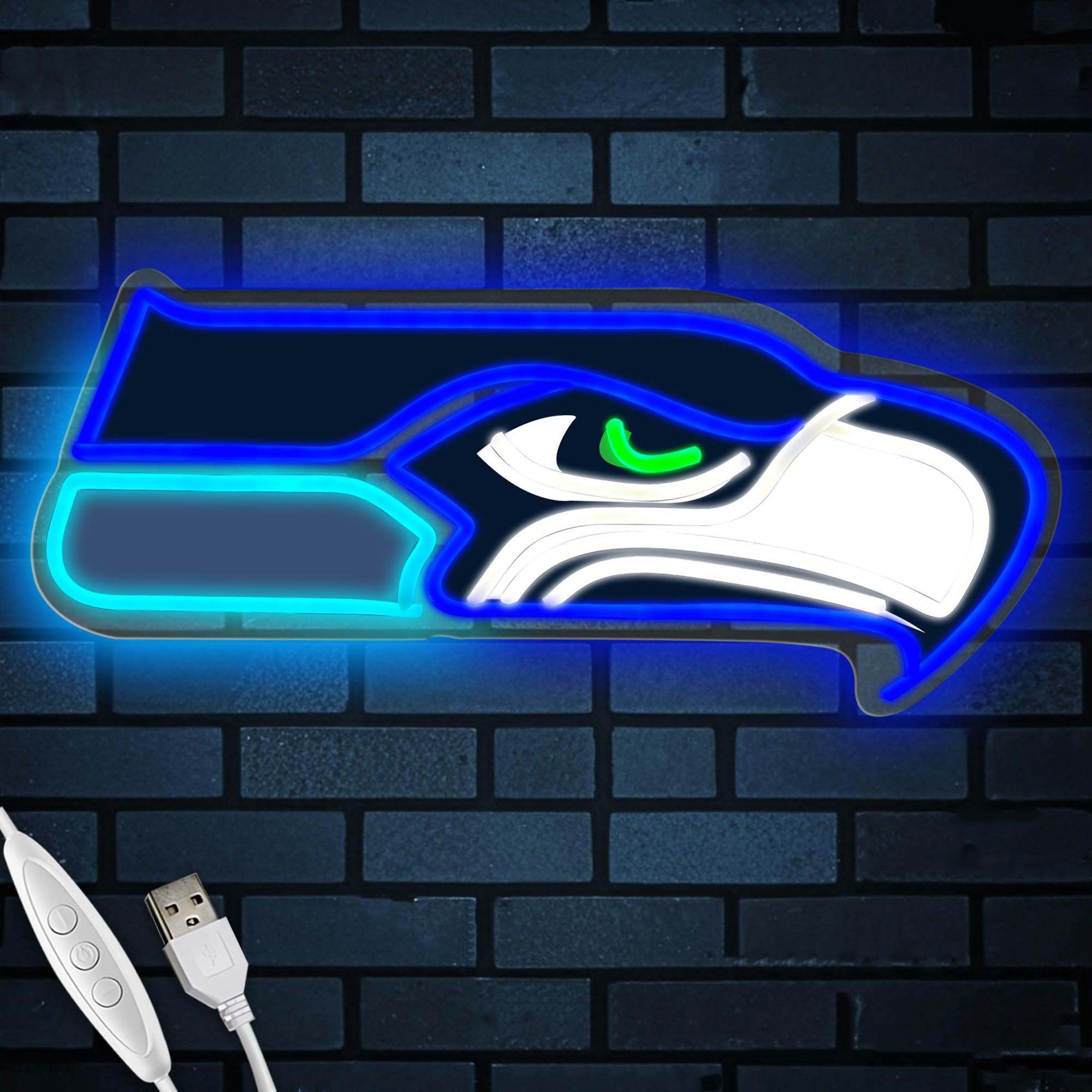 Photo 1 of Football Team Neon Sign, Cool Dimmable Light Up Football Team Logo USB Powered Hanging for Wall Decor, Bedroom, Man Cave, Game Room Deco, Birthday Christmas Merch Gift for Boys Fans (S-Seahawk)
