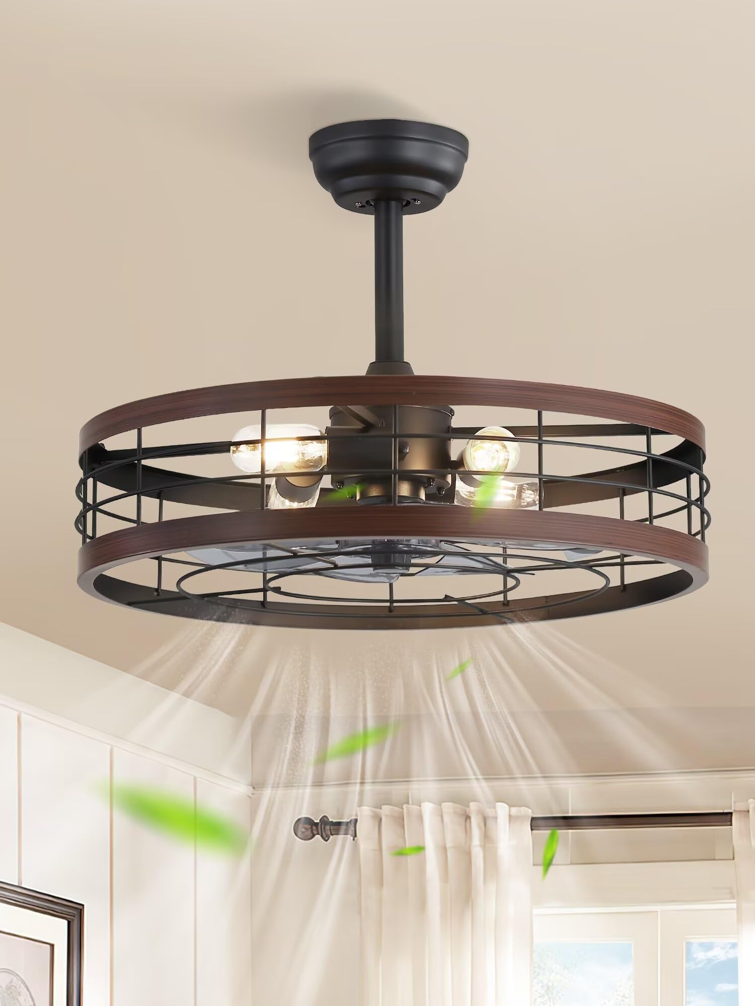 Photo 1 of ***(PARTS ONLY/ MAJOR DAMAGE/ MISSING PARTS/ NON FUNCTIONAL)***LEDIARY 22 inch Caged Ceiling Fan with Light, Fandelier Industrial Ceiling Fan with Remote, Farmhouse Fan Lights Ceiling Fixtures for Kitchen, Bedroom, Outdoor?6 Speed, Timing?-Walnut