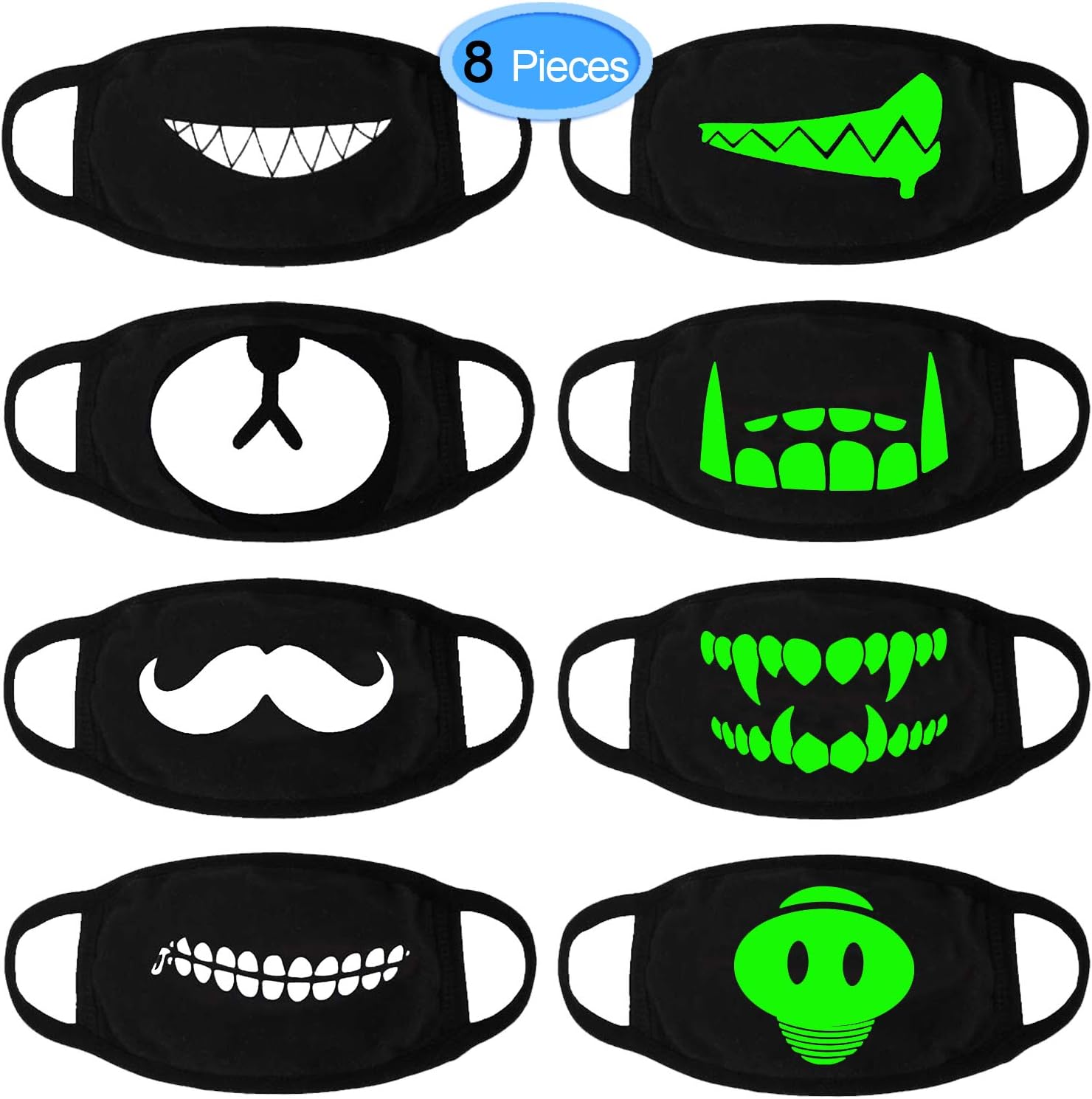 Mouth Mask, EAONE 8 Packs Cool Luminous Unisex Face Mask Cute Pattern Kpop Mask Washable Anti Dust Cotton Mouth Face Mask for Teens Men and Women (Black with Green Fluorescence)