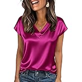 Zeagoo Women Silk Satin Tops Cap Short Sleeve Blouse V Neck Shirts Business Casual Outfits S-2XL