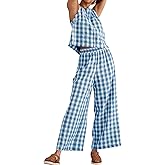 KCVVA Womens 2 Piece Outfits Gingham Set Summer Cotton Plaid Pajamas Y2k Sleeveless Top Summer Wide Leg Pants Matching
