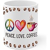 Peace Love Coffee Ceramic Coffee Mug 11oz Hippie Retro Quote - Tea Coffee Mug with Comfortable Grip - Unique Fun Gift White Cup for Office or Home - Vibrant Long-Lasting Print ID44991