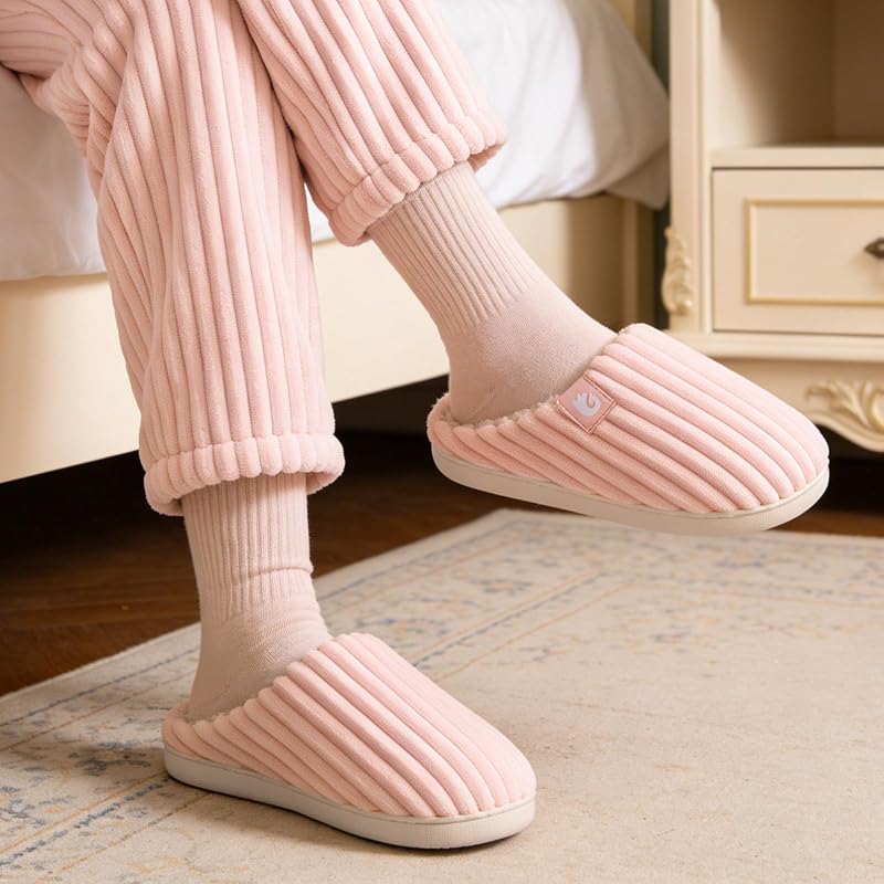 Chinelos de inverno para mulher, chinelos quentes de espuma viscoelástica, veludo de veludo cotelê, sola antiderrapante, chinelos confortáveis, interior, exterior (rosa, 38/39 EU) — foto 2 de 6