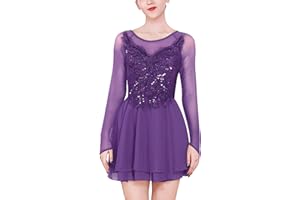 ODASDO Figure Skating Dress for Women Mesh Long Sleeve Criss Cross Back Sequin Bead Chiffon Skirted Leotard Dancewear