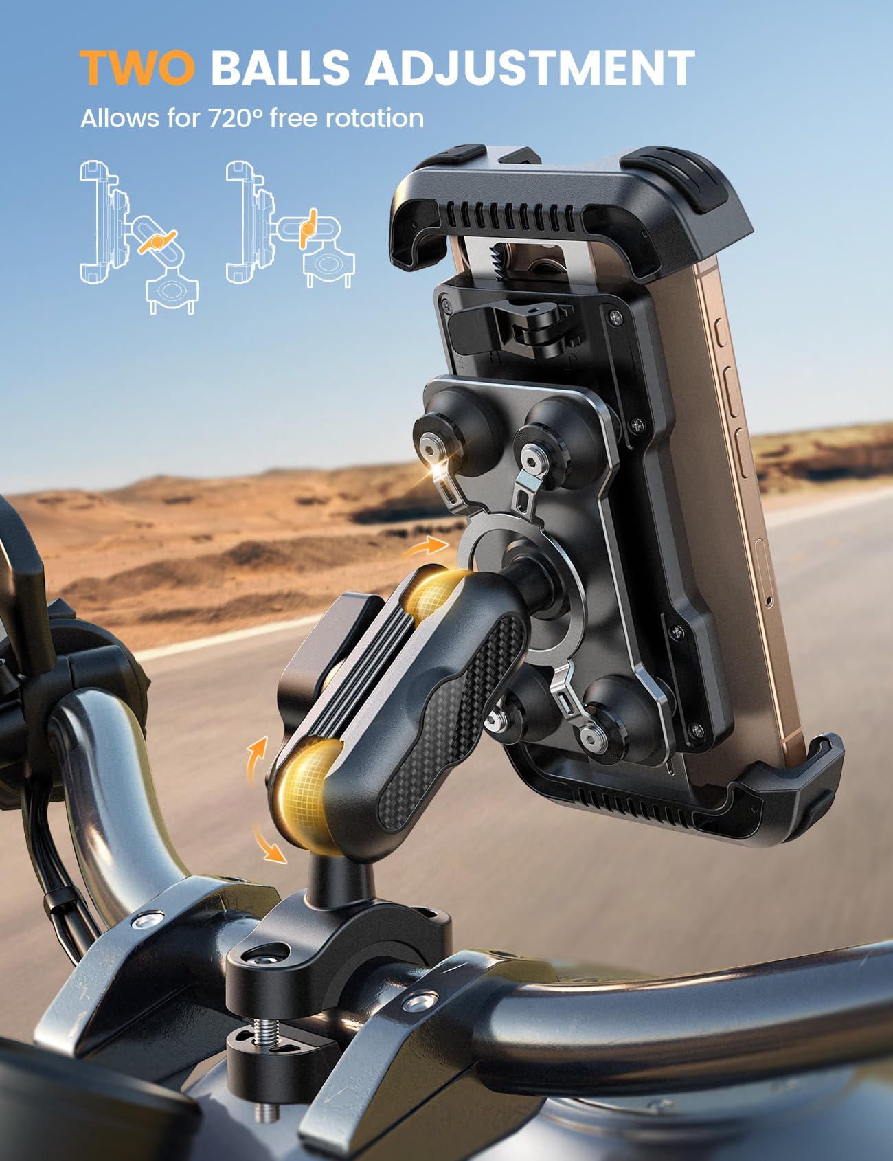 Lamicall Motorcycle Phone Mount Holder - [Metal Extension Arm] [Dual Vibration Dampener] Motorcycle Cell Phone Mount, Bike Bicycle Handlebar Phone Clamp, for iPhone 16/15/ 14 Pro Max, 4.7-6.7