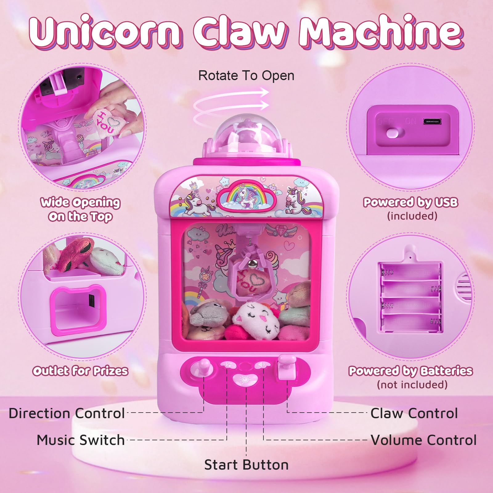 Marlrin Claw Machine for Kids, Mini Vending Machine Girls Unicorn Toys, Candy Grabber Prize Dispenser with Sound & 20 Mini Plush Toys, Electronic Arcade Game Indoor Toy for Home Party Birthday Gifts