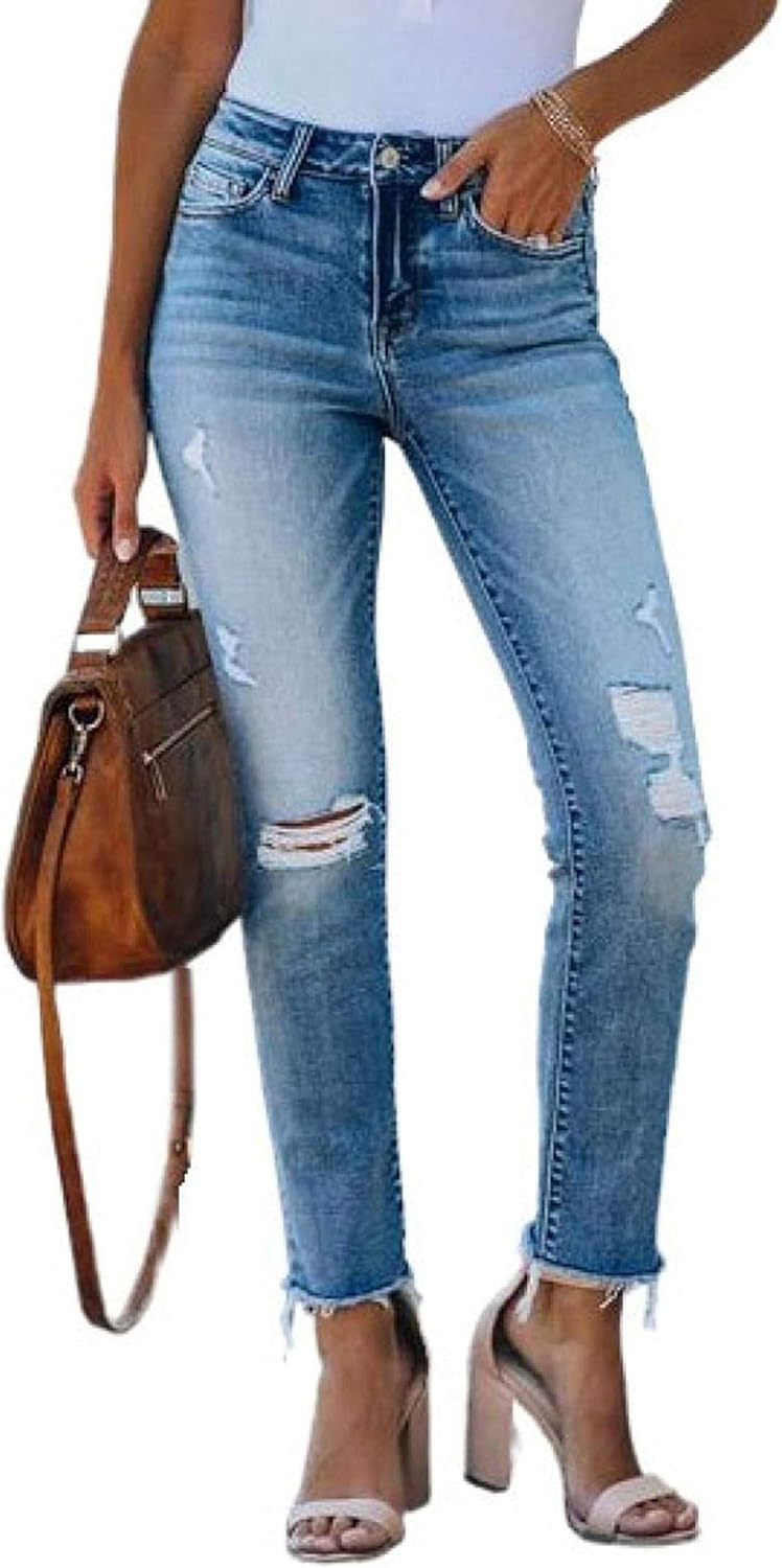 Cicuny Women's Fashion High Waisted Frayed Raw Hem Straight Leg Denim