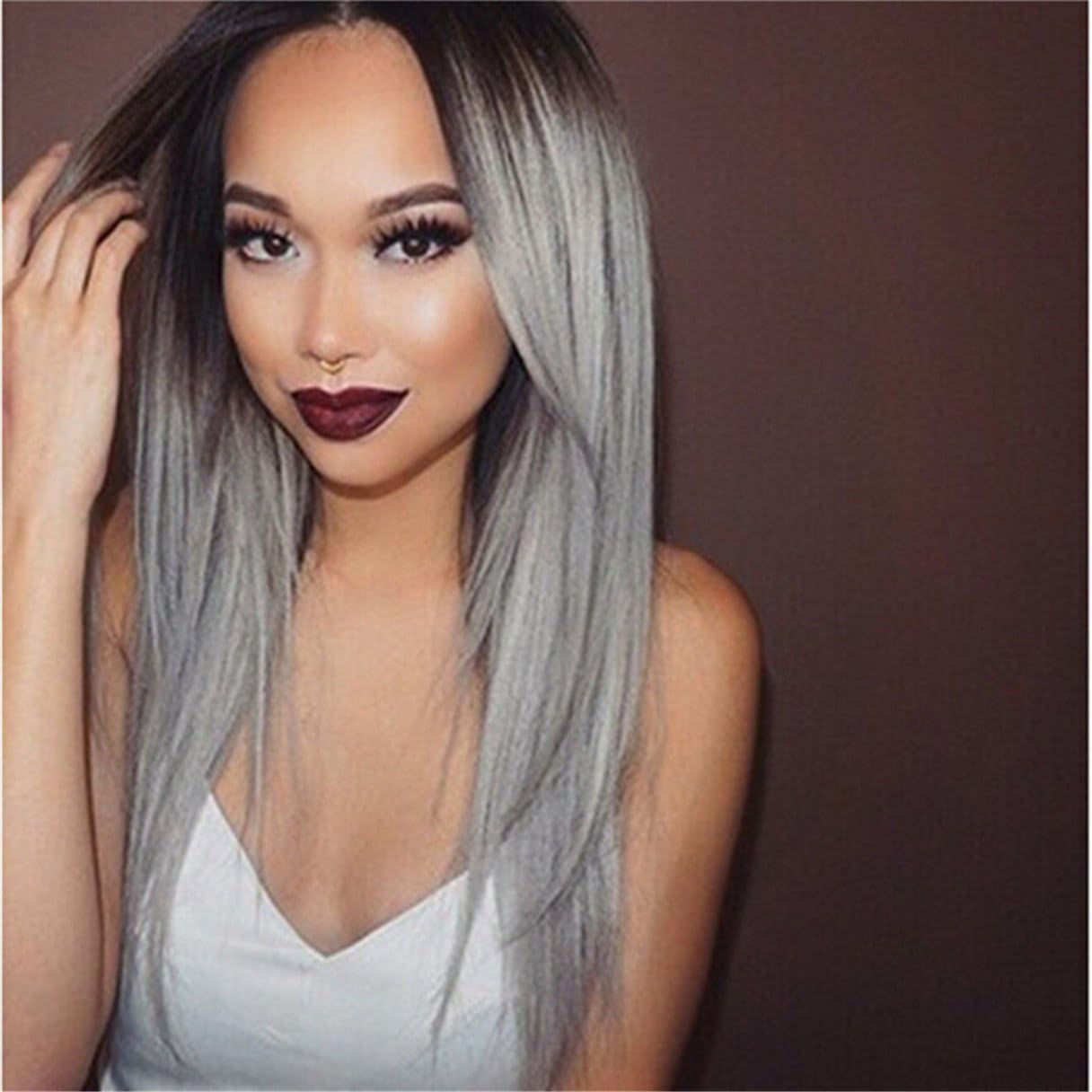 GCIYAEN New Fashion Straight Brown Root to Grey Ombre Synthetic Wig Ombre Wig