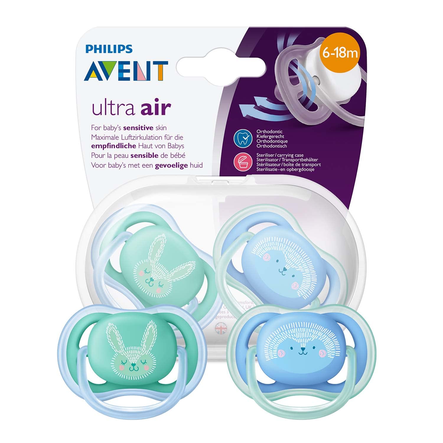Philips Avent SCF344/22 Ultra Air Dummy 6-18 months, Breathable Orthodontic, BPA free, Double pack, Rabbit/Hedgehog