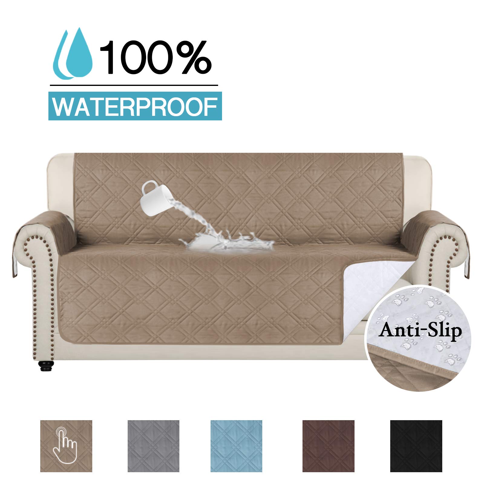 100% Waterproof Couch Covers for Sofa Slip Resistant Couch Protectors Sofa Covers for Living Room Furniture Protector for Dogs Protect from Pets (Sofa: Seat Width Up to 68") Taupe