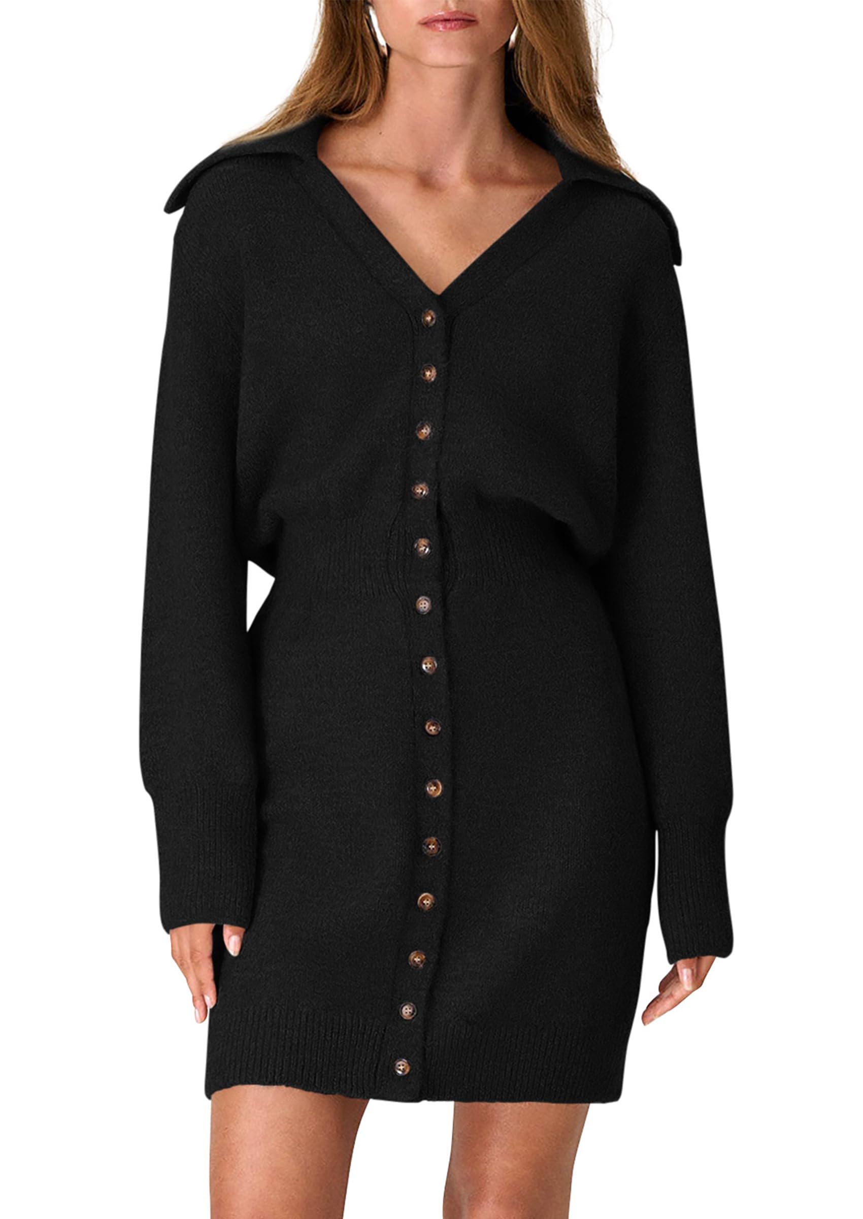 Photo 1 of PRETTYGARDEN Sweater Dresses for Women 2025 Trendy Long Sleeve Button Down Short Mini Fall Winter Dress (Black,Large)