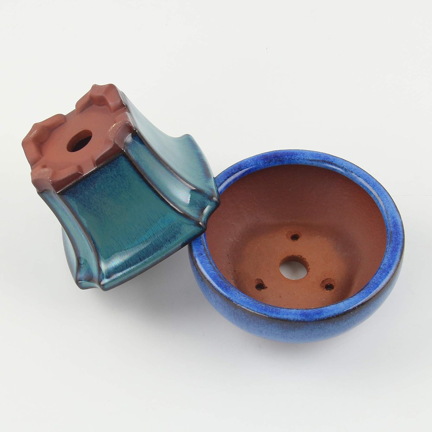 happy bonsai 4" Small Glazed Pots, Value Set of 2 + 4 Soft Mesh Drainage Screens, Blue - Image 5