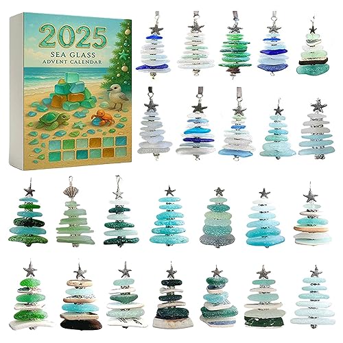 Sea Glass Christmas Tree Advent Calendar 2025-24 Days Countdown Calendar with Mini Sea Glass Ornaments, HandmadeChristmas Tree, Ocean-Themed Holiday Decoration & Gift（2D Plane Acrylic）